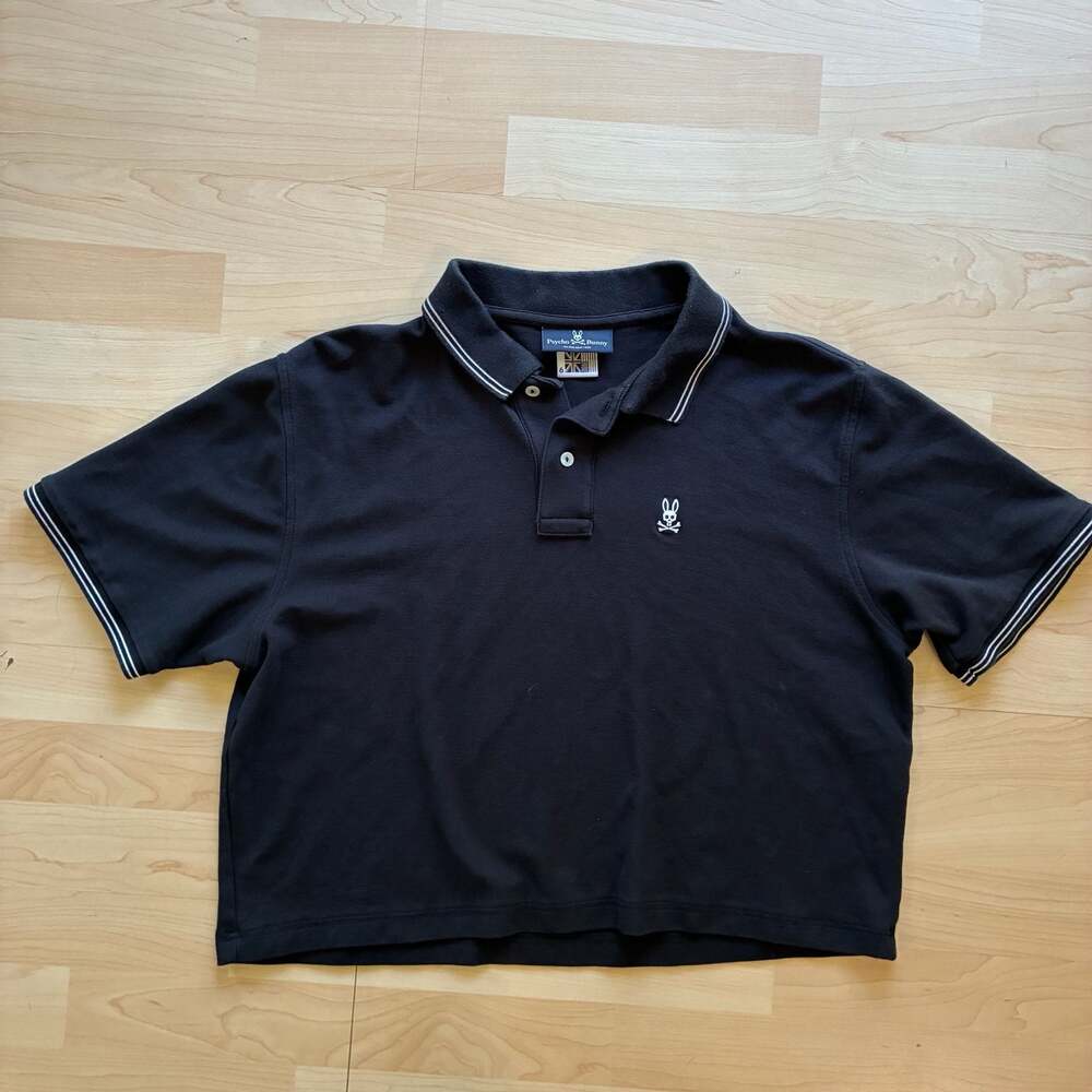 Psycho Bunny Women’s Black Pique Tipped Short Sleeve Polo Cropped top Shirt